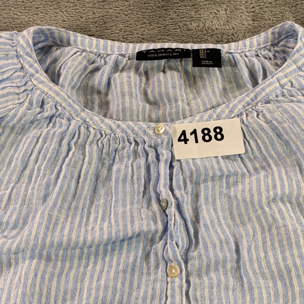 Tahari Linen Blouse Women Large Blue White Striped Short Sleeve Button Front